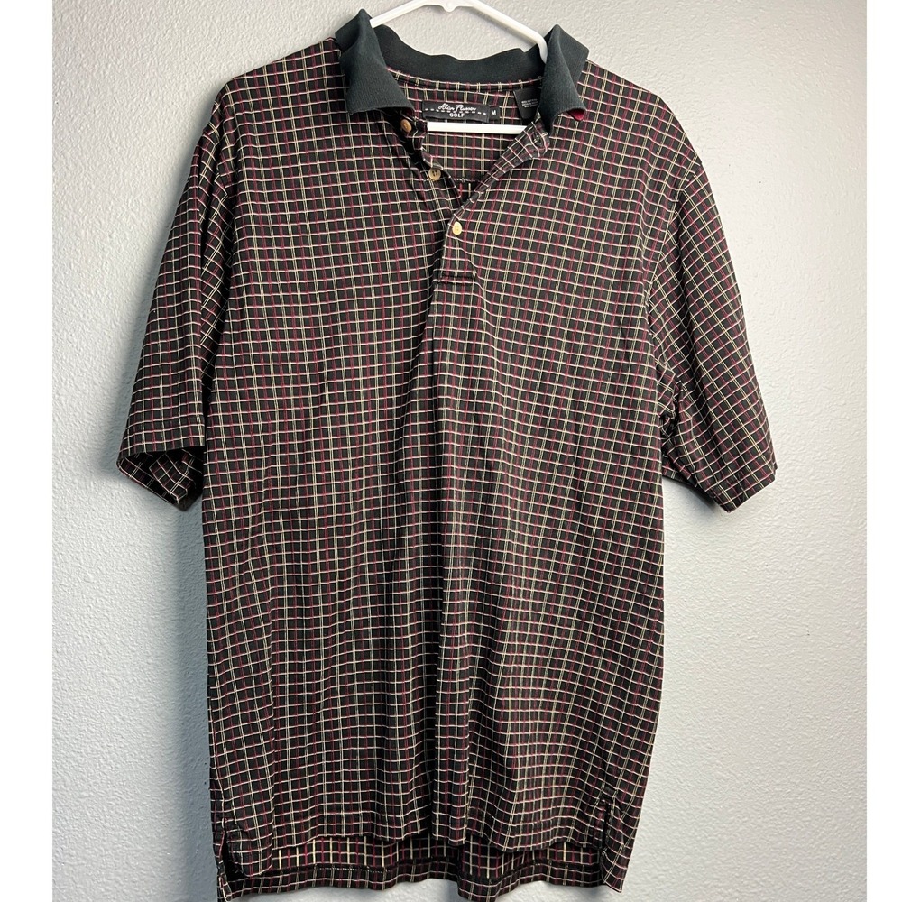 Alan Flusser Golf Mens Medium Polo Shirt Black Red Tan Grid Plaid 100% Cotton